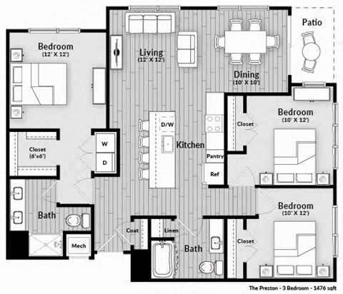 Floor plan for 3 beds, 2 baths, 1476 sqft